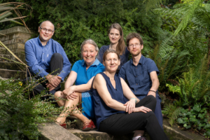 The Galliard Ensemble sitting amongst foliage